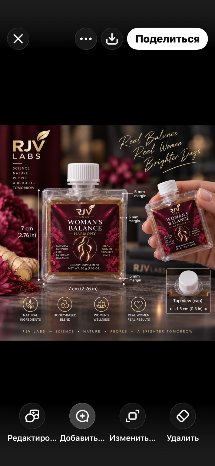 Editorial product visualization showing the compact 30 gram Woman’s Balance pouch